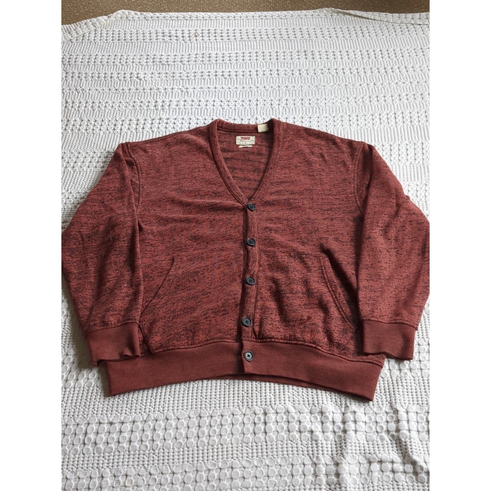 Levi's Fleece Cardigan Relaxed Sweater Button Up V Neck Red Black Sz Medium